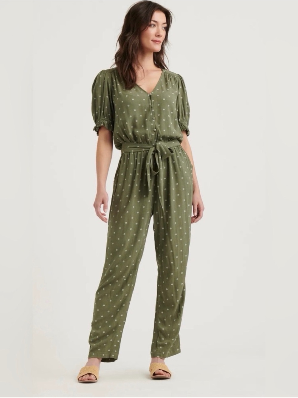 NWT ($99) Lucky Brand Olive Green Printed V-Neck Jumpsuit with Belt Sz XL - Picture 14 of 14